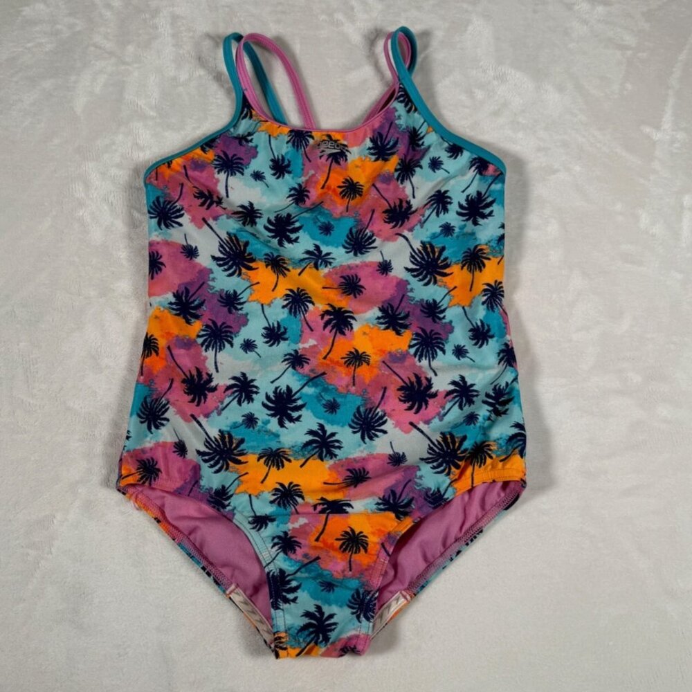 Speedo Swimsuit Girl Size L 1-Piece Tropical Print Colorfull Thin Strap EUC